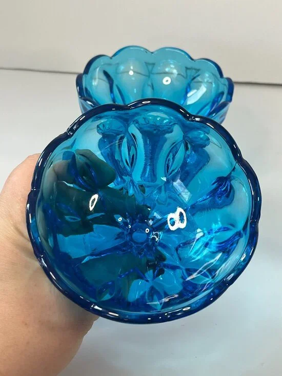 Anchor Hocking Blue Fairfield Pedestal Compote Dishes 70s Vintage Bohemian Glass - Picture 9 of 11